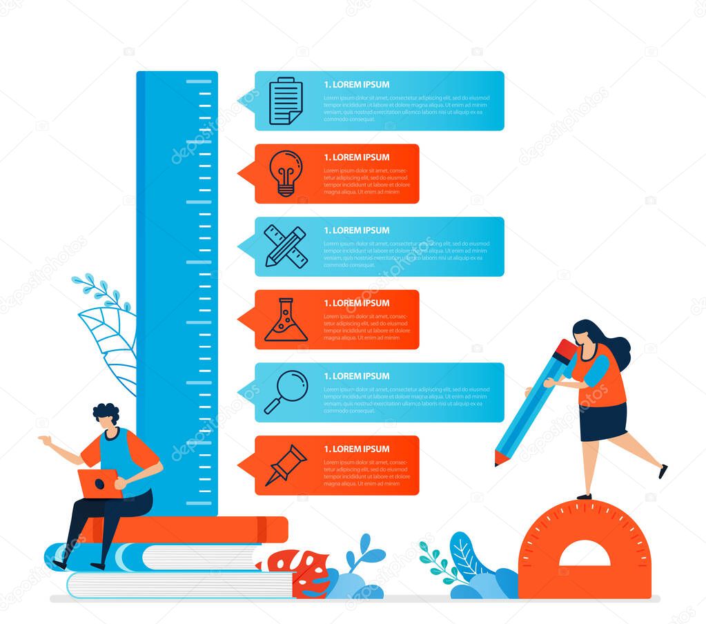 human illustration and infographic design for business options, steps in learning, education processes. Flat vector for landing page, web, website, banner, mobile apps, flyer, poster, brochure