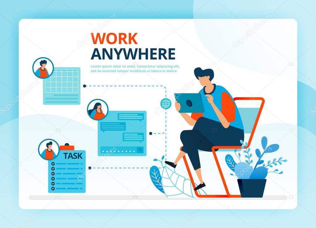 Vector illustration for work anywhere and freelance jobs. Human vector cartoon characters. Design for landing pages, web, website, web page, mobile apps, banner, flyer, brochure, poster