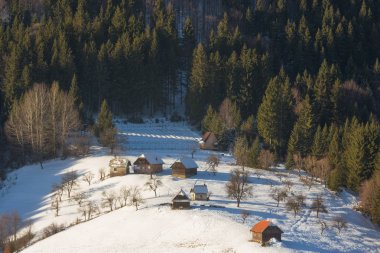 Güzel kış dağ manzara içinde kar taneleri ile soğuk kış günü. Vahşi Karpatlar. Romanya. Holbav. Bran. Brasov. Romanya. Küçük gürültü. Renkli Kış gökyüzünde.