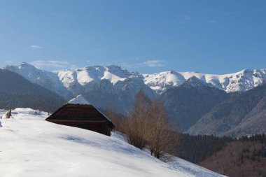 Güzel kış dağ manzara içinde kar taneleri ile soğuk kış günü. Vahşi Karpatlar. Romanya. Holbav. Bran. Brasov. Romanya. Küçük gürültü. Renkli Kış gökyüzünde.