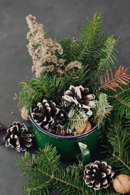 Çam dalları, süper, koyu arka plan üzerinde vintage kupa hayalarına kış kompozisyon