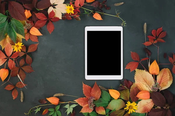 Bitki kompozisyon tebeşir tahtası, tablete ile dekore edilmiş kırmızı yaprakları