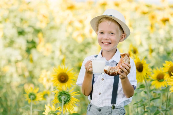 Bedårande blonda barn pojke roliga äta bagel och dricka mjölk på sommaren solros fältet utomhus — Stockfoto