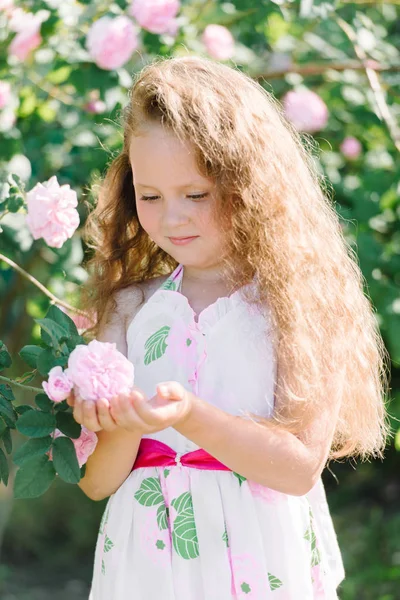 Retrato de una linda niña al aire libre en el jardín oliendo las rosas rosadas — Foto de Stock