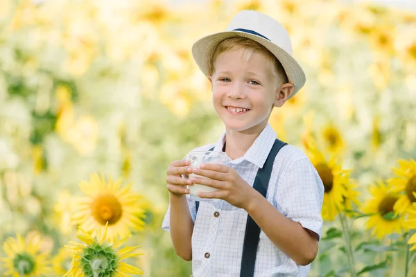 Bedårande blonda barn pojke roliga äta bagel och dricka mjölk på sommaren solros fältet utomhus — Stockfoto