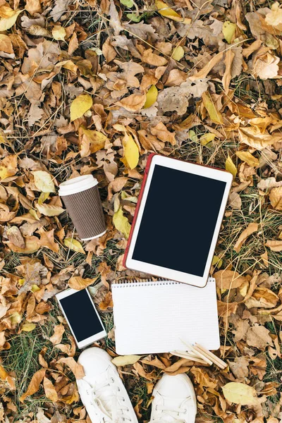 Vista plana de hojas de otoño, tableta, teléfono y taza de papel de café. Desde arriba con las piernas —  Fotos de Stock
