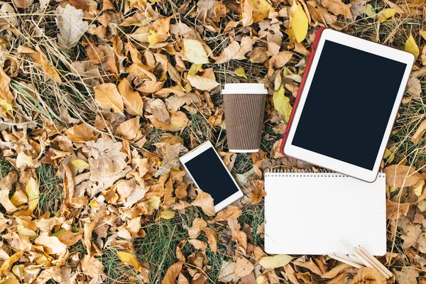 Vista plana de hojas de otoño, tableta, teléfono y taza de papel de café. Desde arriba con las piernas —  Fotos de Stock