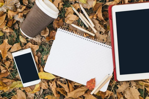 Vista plana de hojas de otoño, tableta, teléfono y taza de papel de café. Desde arriba con las piernas —  Fotos de Stock