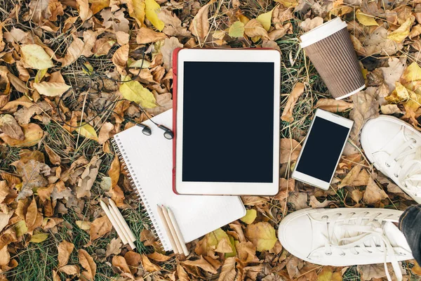 Sonbahar yaprakları, tablet, telefon ve kağıt bardak kahve düz yatıyordu görünümünü. Yukarıdan bacaklar ile