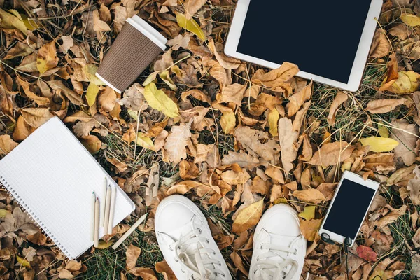 Плоский вид на осіннє листя, планшет, телефон і паперову чашку кави. Зверху з ногами — стокове фото