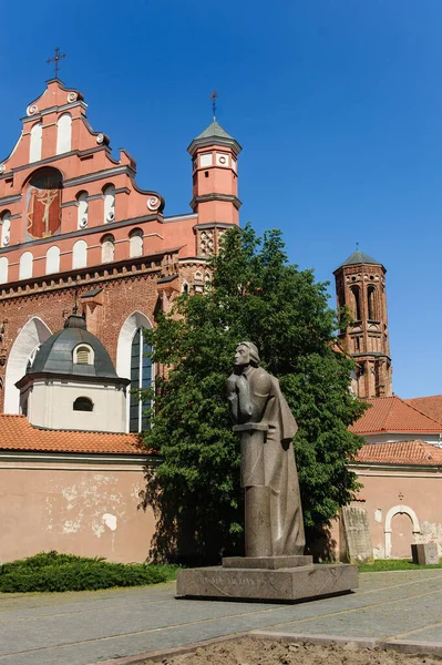 Vilnius, Litauen - 20. Mai 2017: Denkmal für adam mickiewicz vor dem Hintergrund der Kirche st annes und bernadines lizenzfreie Stockfotos