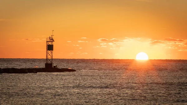 Sun Rising Out Sea Jetty Marker Entrance Barnegat Inlet — Stock Photo, Image