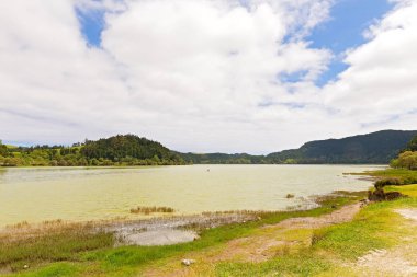 Panorama Lagoa das Furnas, Furnas, Sao Miguel, Azores, Portugal. 