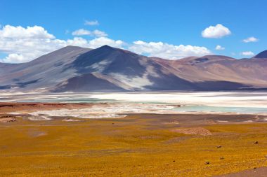 Tuz daireler ve San Pedro de Atacama, Şili, Güney Amerika'nın volkanik dağlar. 