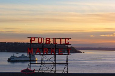 SEATTLE, USA - MARCH 25, 2016: Quiet sunset over Puget Sound on March 25, 2016 in Seattle, USA.  clipart