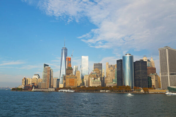 Panorama of Lower Manhattan from the water, New York, USA. 