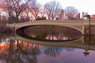 The Bow Bridge at beautiful winter sunrise in Central Park, New York City. The largest park bridge with reflection decorated by planting urns. clipart