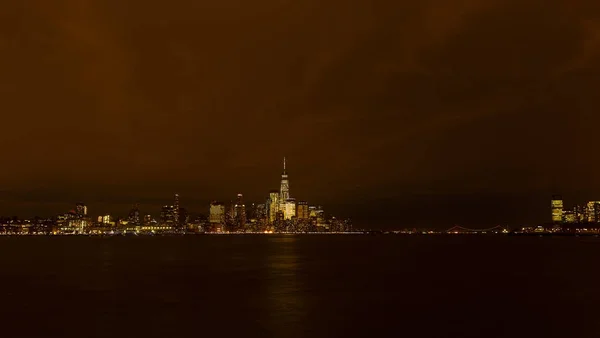 Panoráma Manhattan Hudson Folyón New York City Éjszakai Fényesen Kivilágított — Stock Fotó