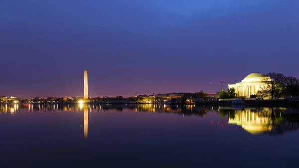 Washington Panorama Tidal Basin Sunrise Cherry Blossom City Landmarks Reflection — Stock Photo, Image