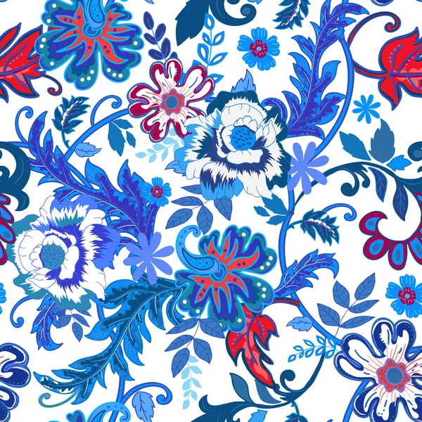 Nahtloser floraler Hintergrund. farbenfroher roter und blauer isolierter Fluss — Stockvektor