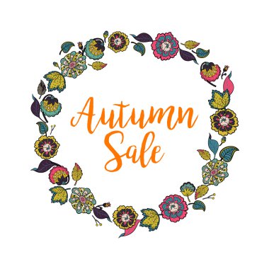 Metin sonbahar satış ile vektör çiçek çelenk.