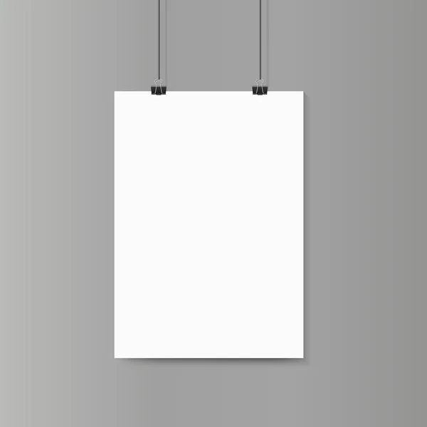 Mockup de cartaz de papel branco vertical vazio na parede cinza com clipe . —  Vetores de Stock