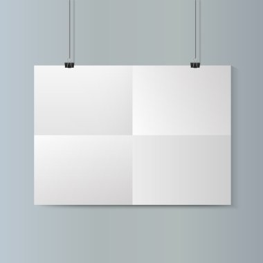 Boş yatay beyaz kağıt poster mockup gri duvar. Vektör.