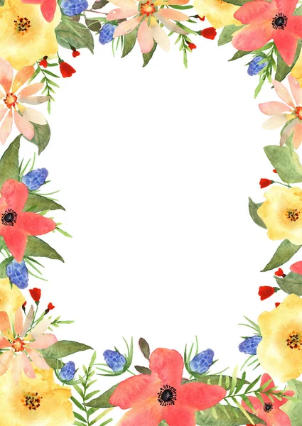 Cartão de saudação floral. Moldura para o seu texto com flores em waterc — Fotografia de Stock