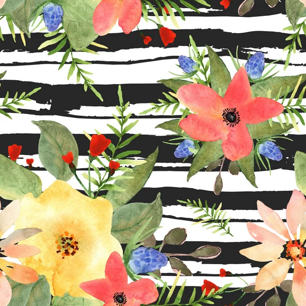 Εικονογράφηση floral άνευ ραφής. Πολύχρωμα λουλούδια με μαύρη stri — Φωτογραφία Αρχείου