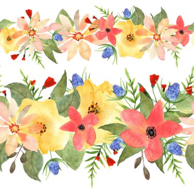 Sorunsuz çiçek sınır. Gül ve kır çiçekleri çizilmiş suluboya.