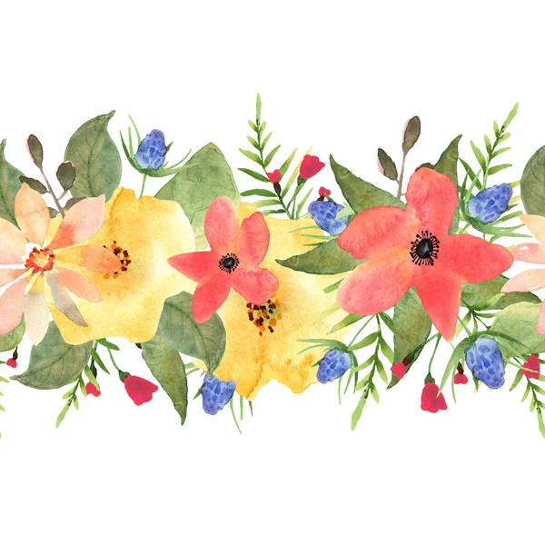 Seamless floral border. Roses and wild flowers drawn watercolor.