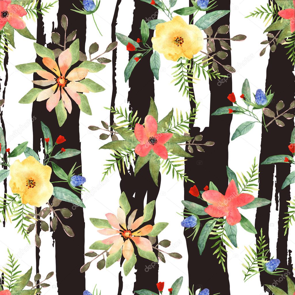 Illustration of floral seamless.Colorful flowers with strips