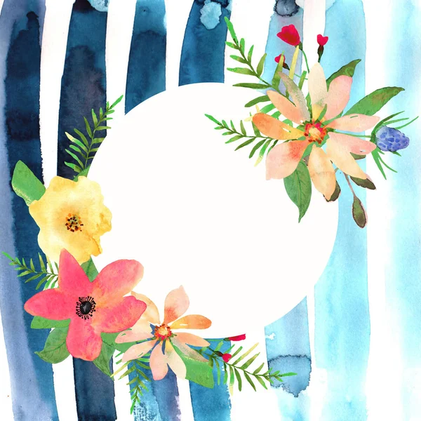 Blommig gratulationskort med färgglada blommor och blå band dras — Stockfoto