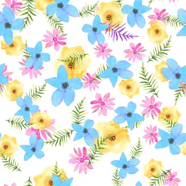 Elle çizilmiş çiçeklerle üzerine suluboya çiçek seamless modeli
