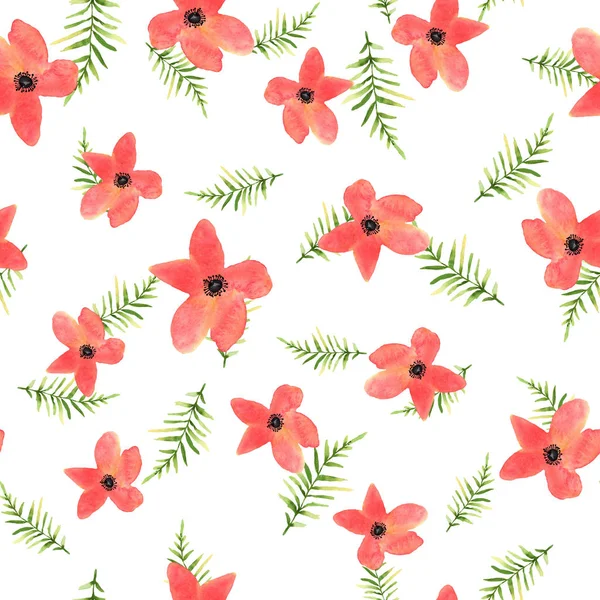 Florales nahtloses Muster mit handgezeichneten roten Blumen und grünen le — Stockfoto