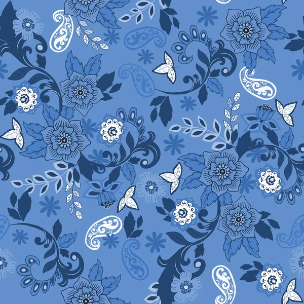 Nahtloser floraler Hintergrund. vereinzelte blaue und weiße Blumen auf b — Stockvektor