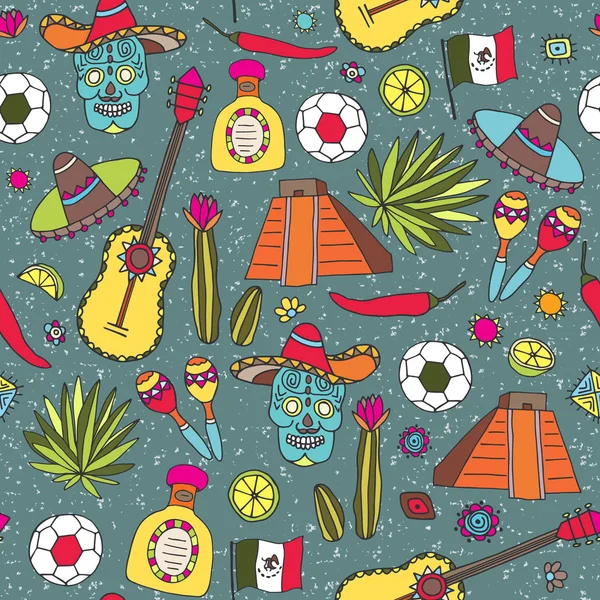 Doodles seamless pattern of Mexico. Vector illustration.