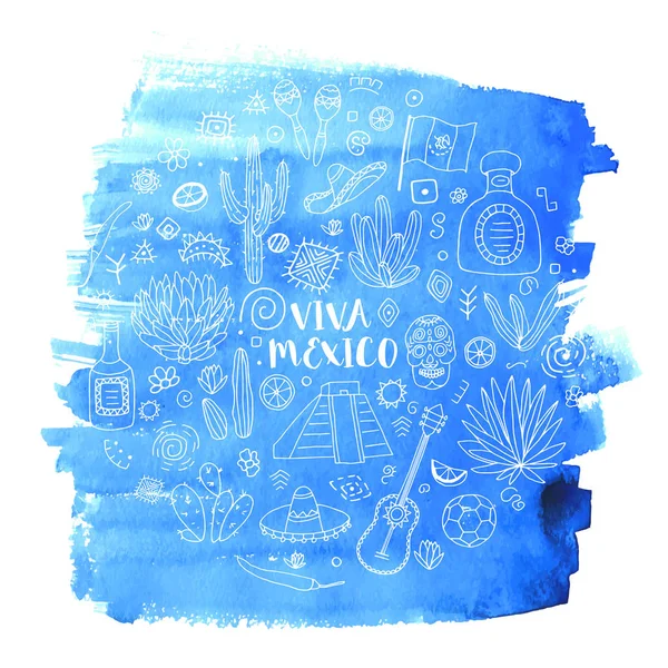 Doodles conjunto de México em fundo aquarela azul. Vector illu — Vetor de Stock