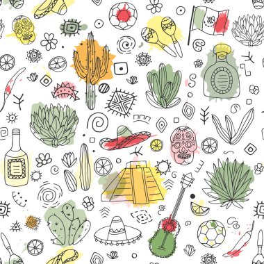 Doodles seamless pattern of Mexico with imitation  watercolor. clipart