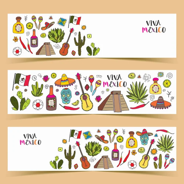 México coloreado doodle banners con tradiciones cultura aislado e — Vector de stock