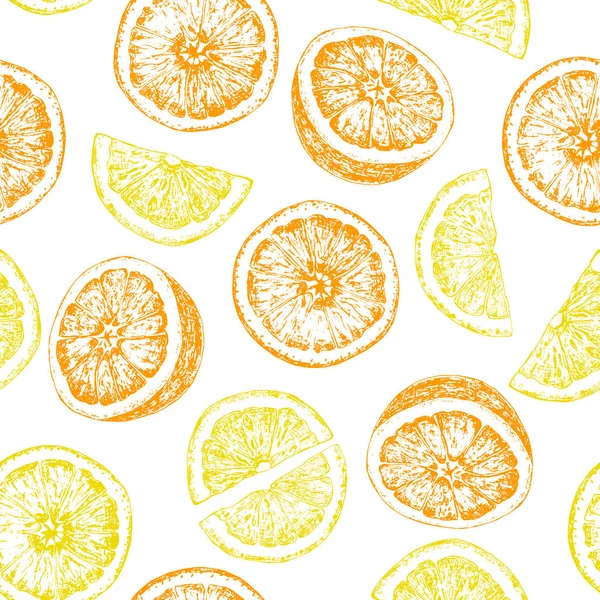 Modèle sans couture d'oranges et de tranches de citron dessinées à la main isolées — Image vectorielle