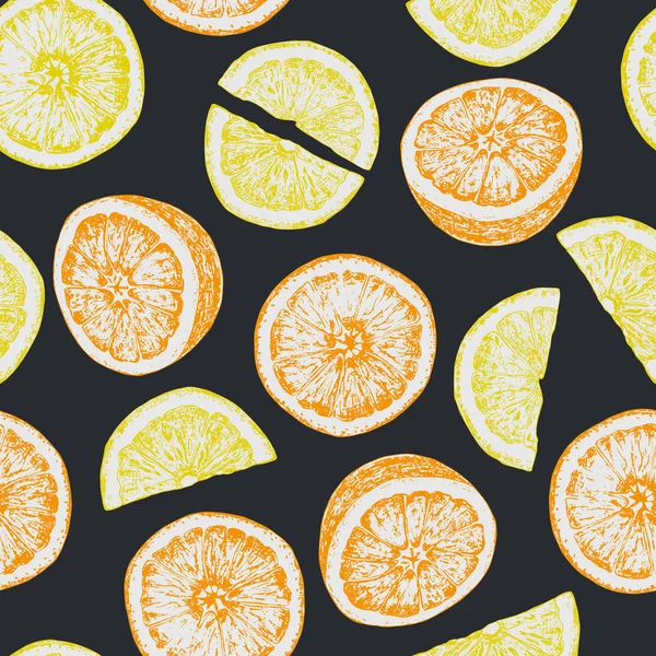 Seamless pattern of isolated hand drawn oranges and lemon slices