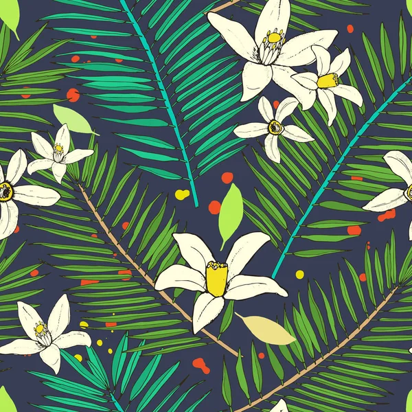 Patrón sin costura floral. Colección con hojas tropicales y flo — Vector de stock