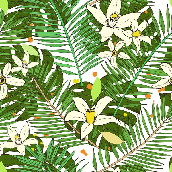 Motif floral sans couture. Collection aux feuilles tropicales et flo — Image vectorielle