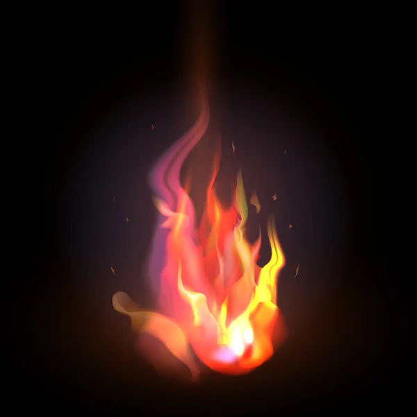 Flamme de feu orange et rouge réaliste isolée sur un fond sombre — Image vectorielle