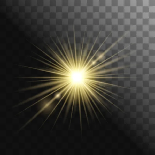 Explosão de luz brilhante dourada no fundo transparente. Ve — Vetor de Stock
