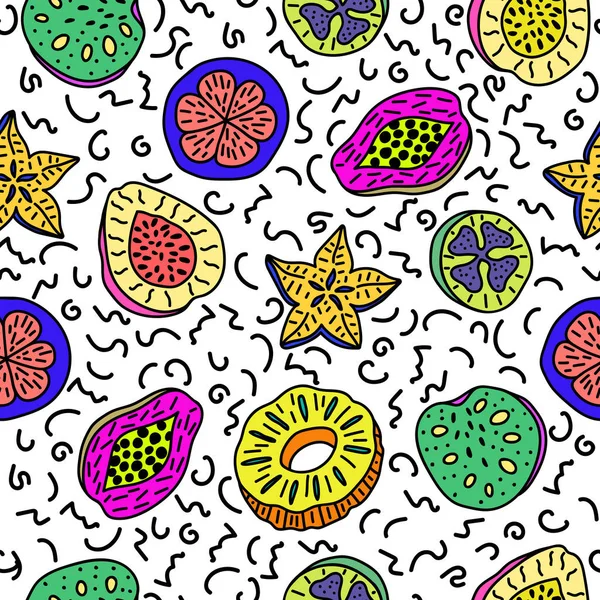 Modèle sans couture de fruits colorés dessinés à la main isolés en memphi — Image vectorielle