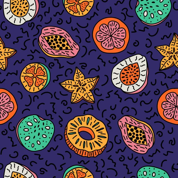 İzole el Dikişsiz desen renkli tropikal meyve çizilmiş — Stok Vektör