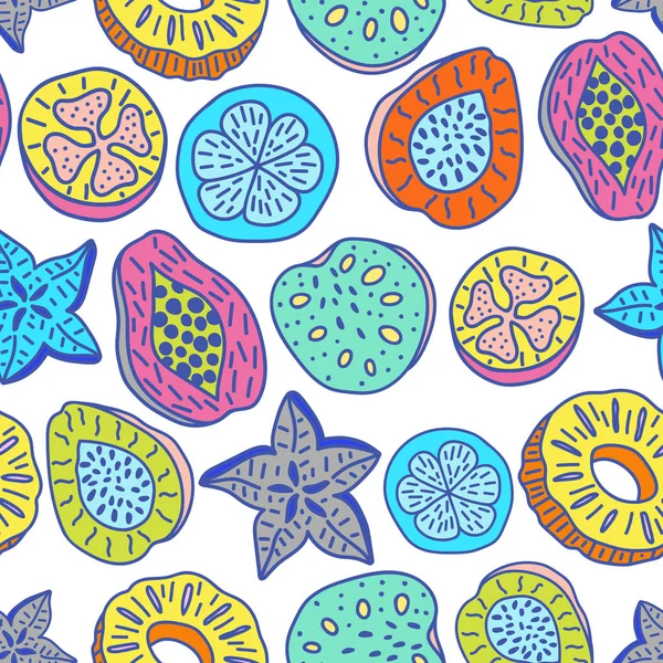 Modèle sans couture de fruits tropicaux colorés dessinés à la main isolés — Image vectorielle