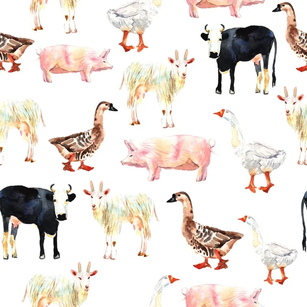Dessin de motif sans couture animal de la ferme en aquarelle. Vache, canard, g — Photo